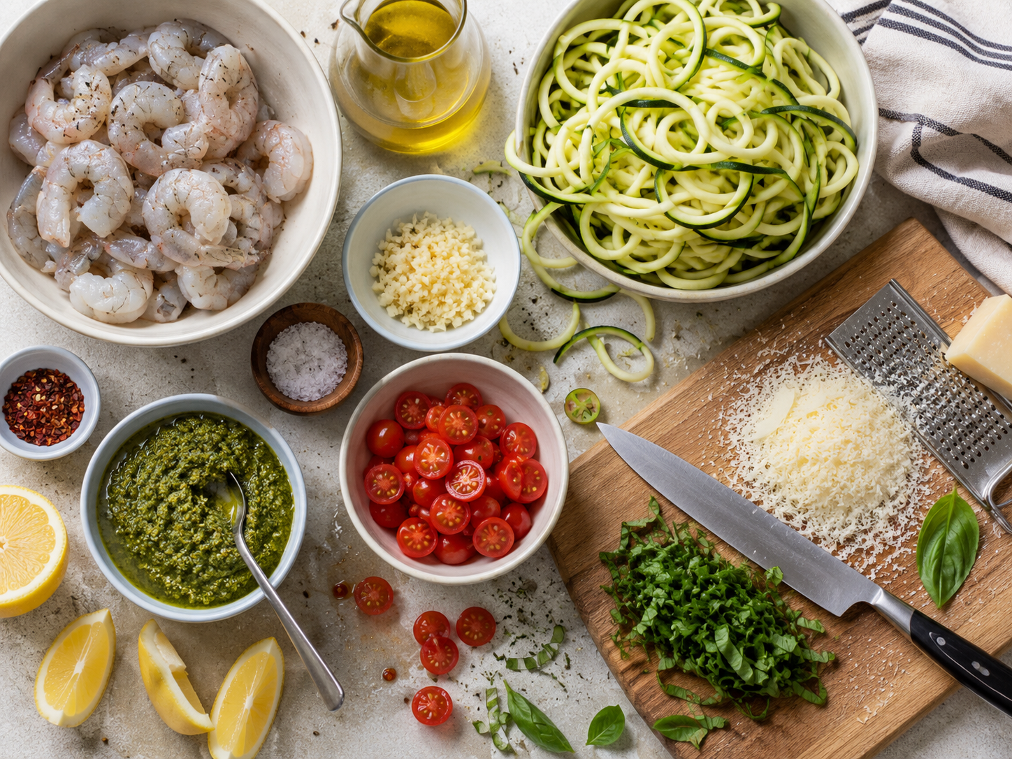 Shrimp Pesto Zucchini Noodles preparation
