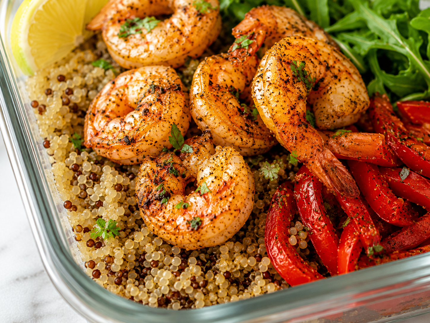 Shrimp Quinoa Meal Prep Bowls close up