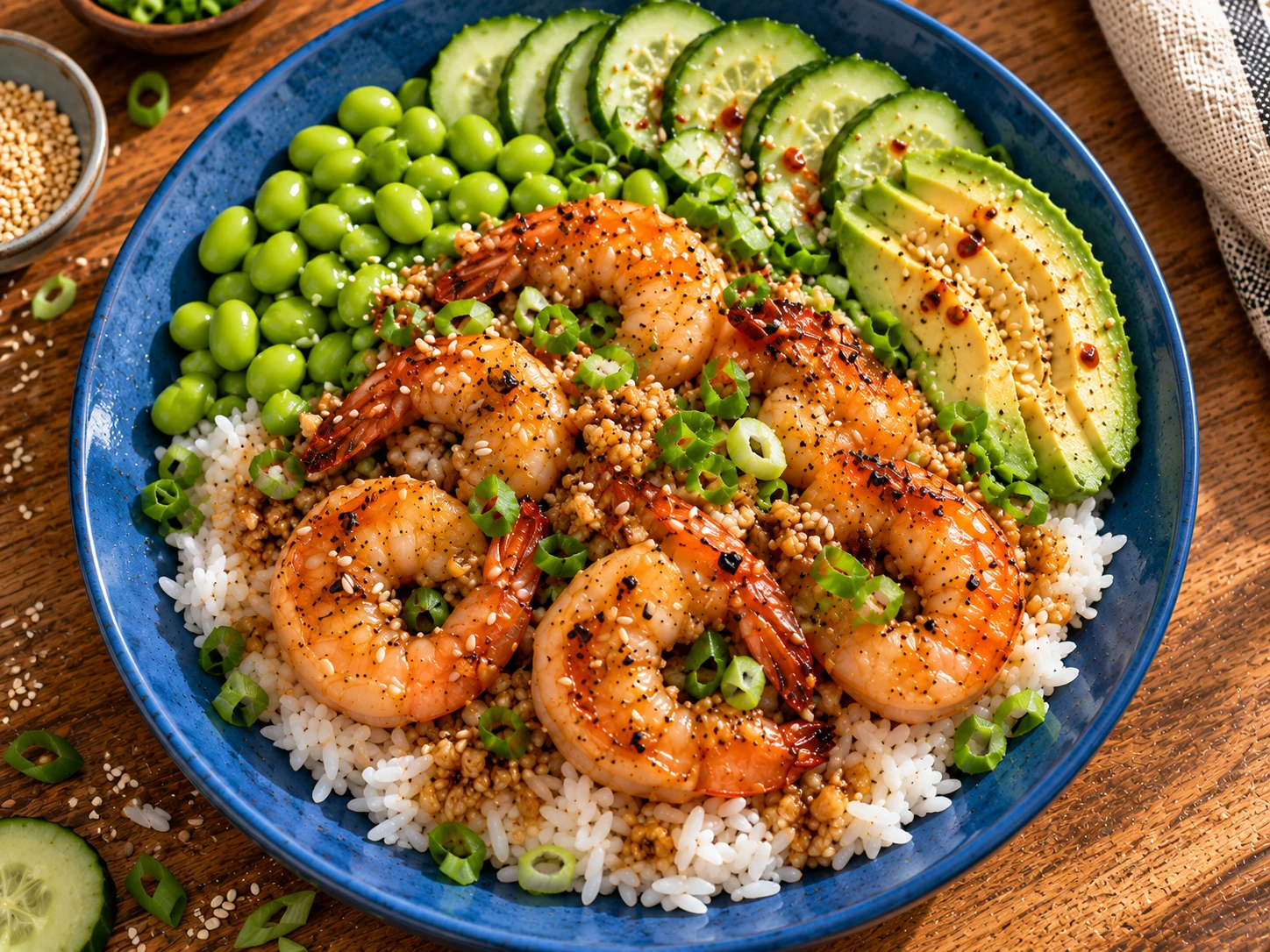 Honey Garlic Shrimp Rice Bowl aerial view