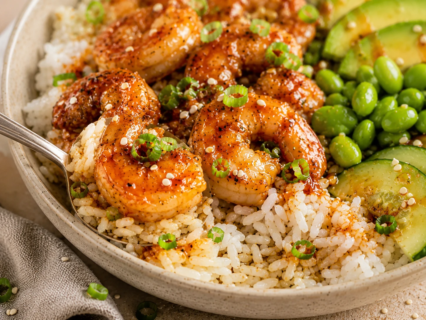 Honey Garlic Shrimp Rice Bowl close up