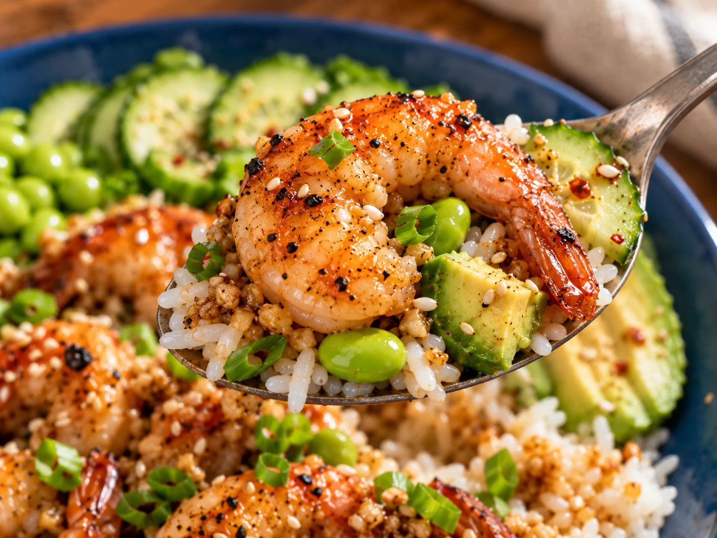 Honey Garlic Shrimp Rice Bowl close up