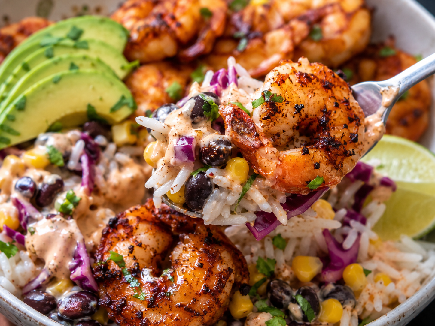 Chili Lime Shrimp Taco Bowls close up