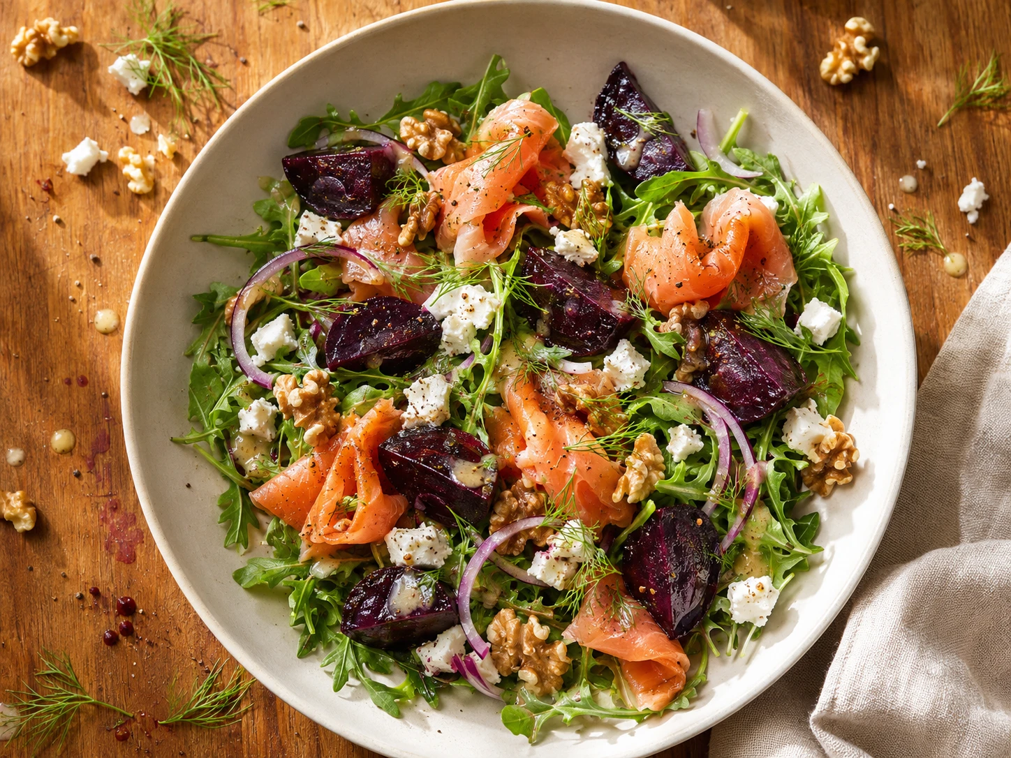 Smoked Salmon, Beet & Goat Cheese Salad aerial view