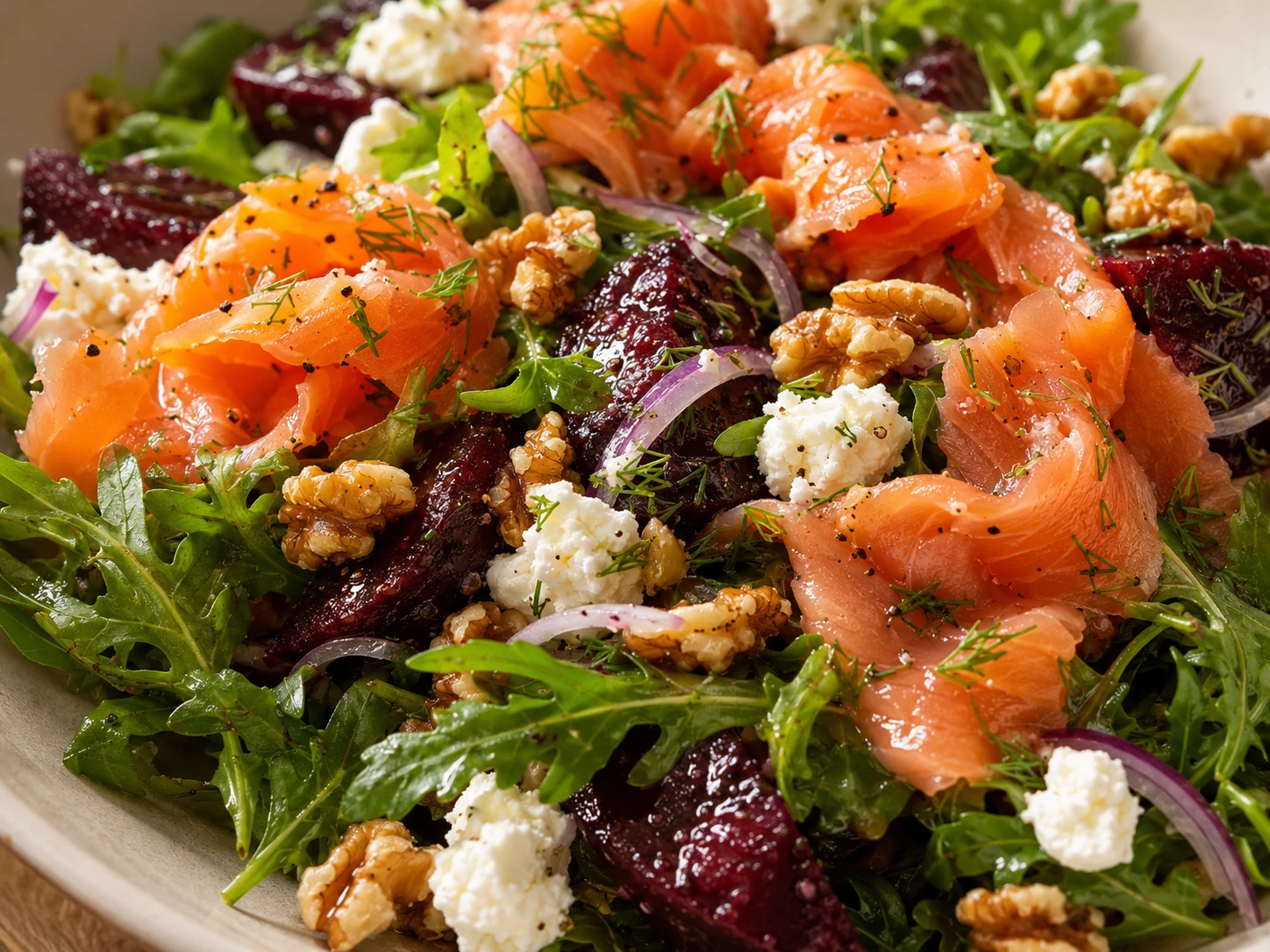 Smoked Salmon, Beet & Goat Cheese Salad close up