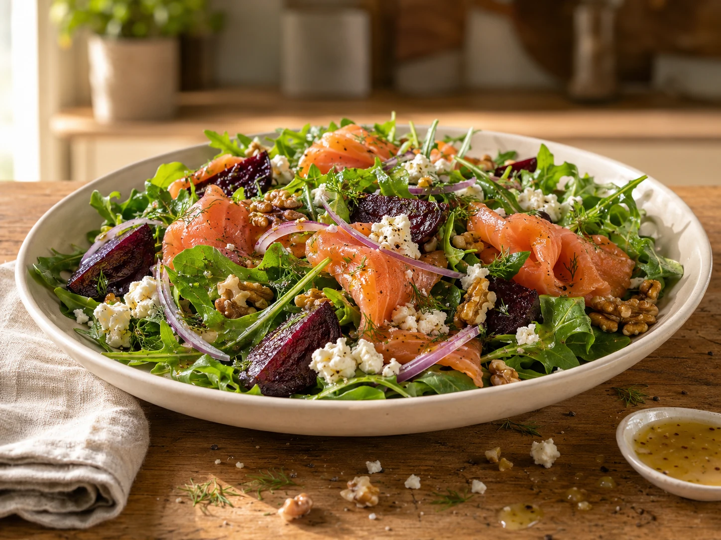 Smoked Salmon, Beet & Goat Cheese Salad preparation
