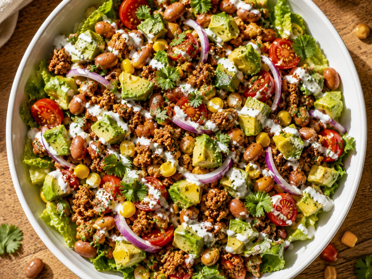 Smoky Pinto Bean Turkey Taco Salad aerial view