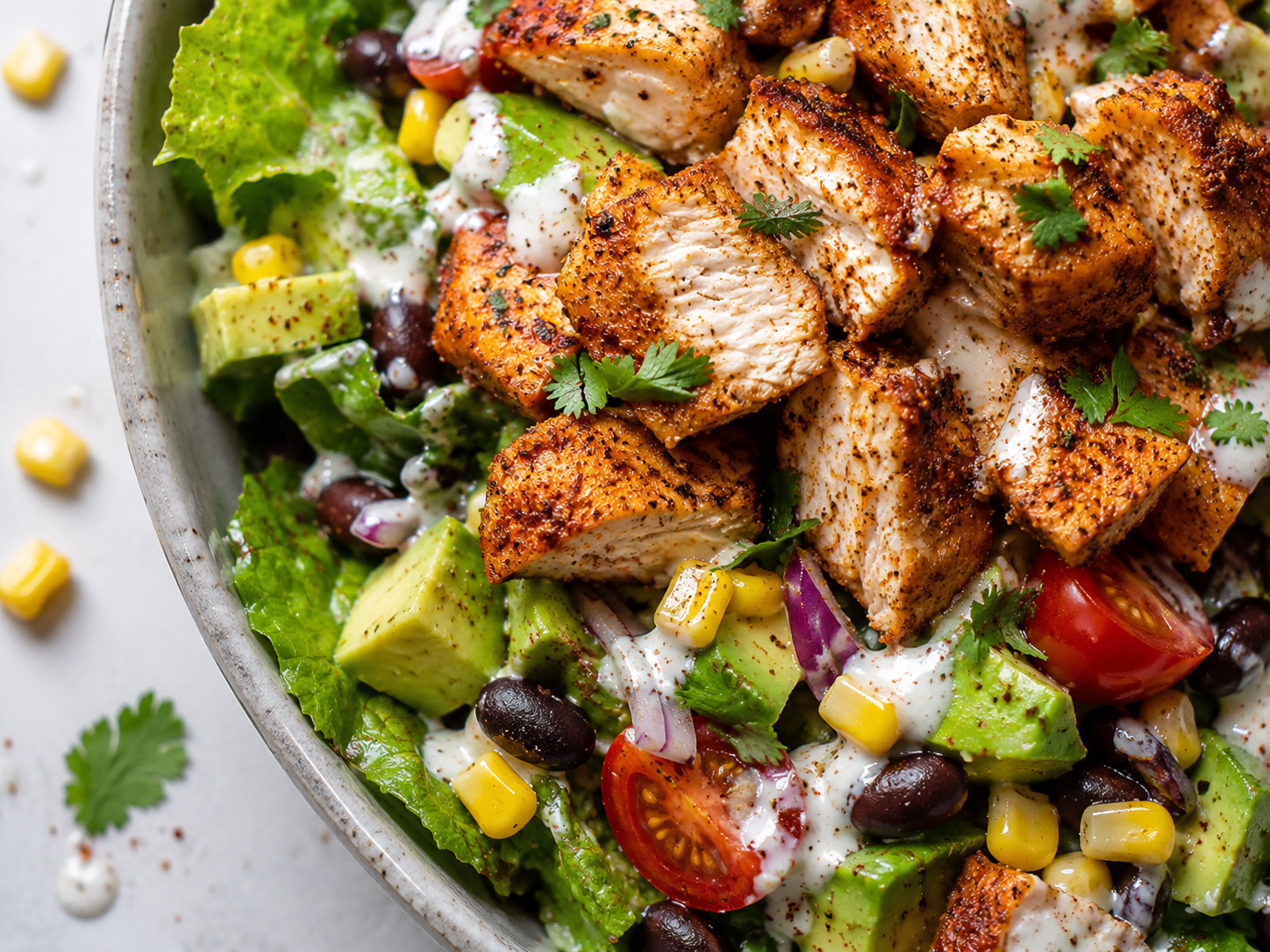 Spicy Chicken Sweet Corn Salad Bowl close up