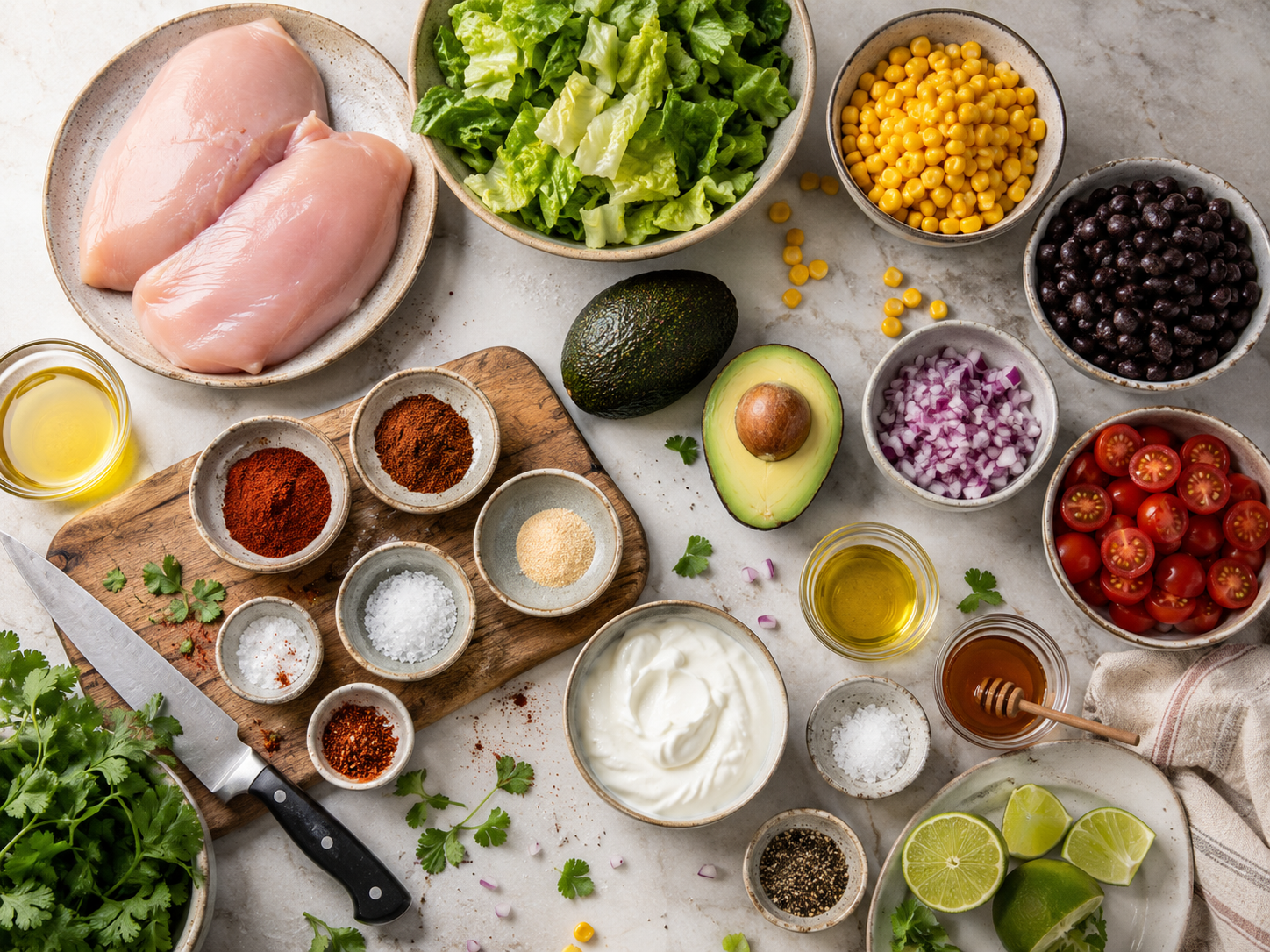 Spicy Chicken Sweet Corn Salad Bowl preparation