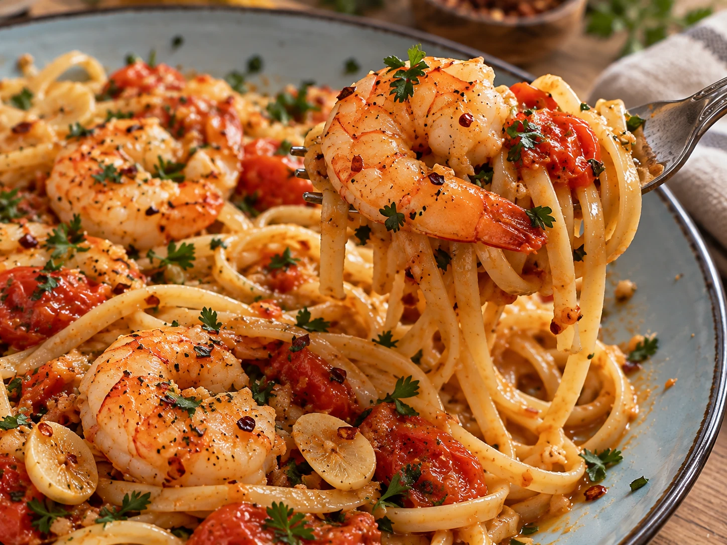 Spicy Garlic Shrimp Pasta aerial view