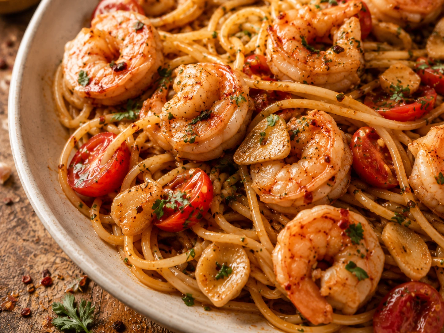 Spicy Garlic Shrimp Pasta close up