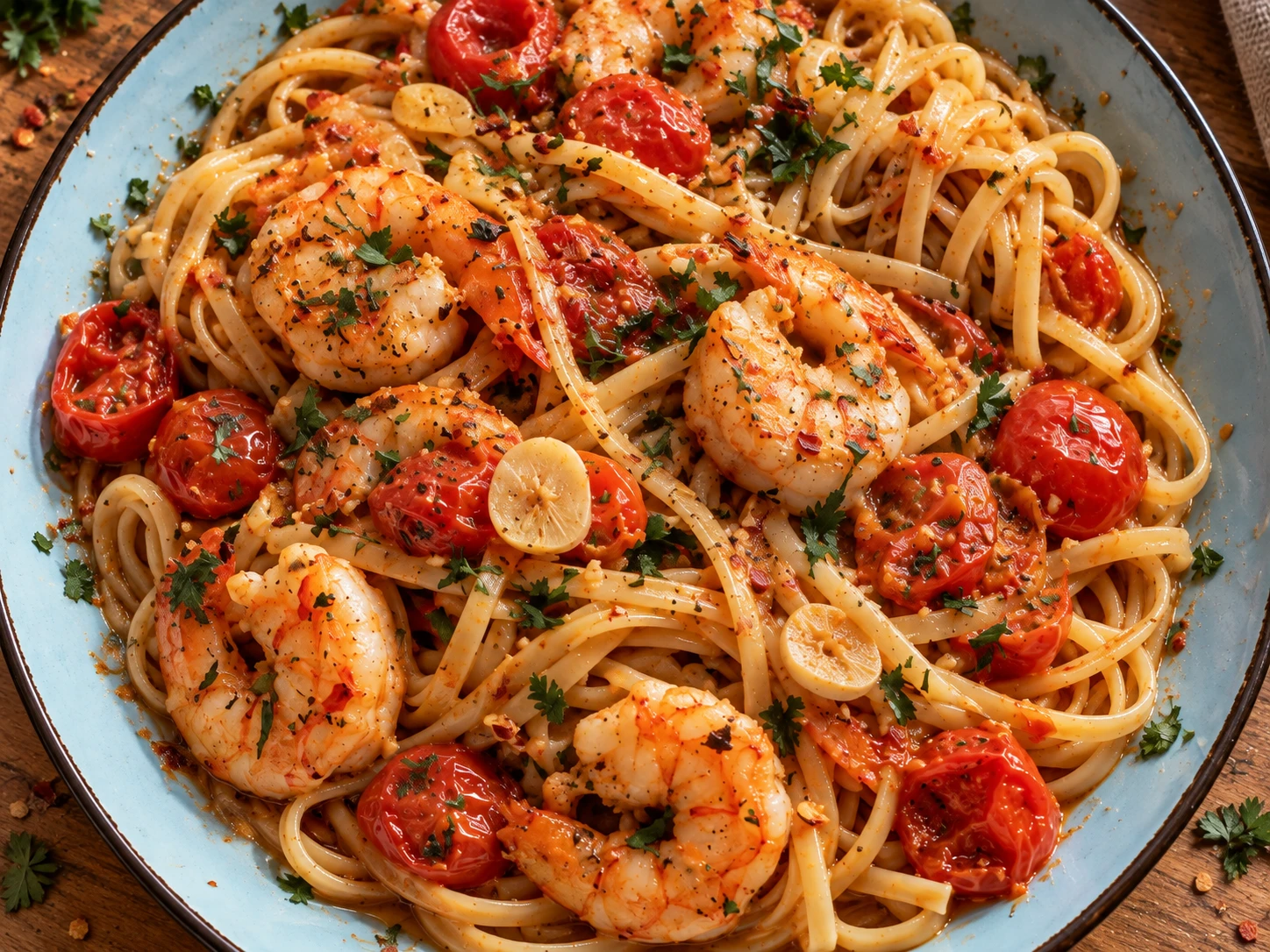 Spicy Garlic Shrimp Pasta close up