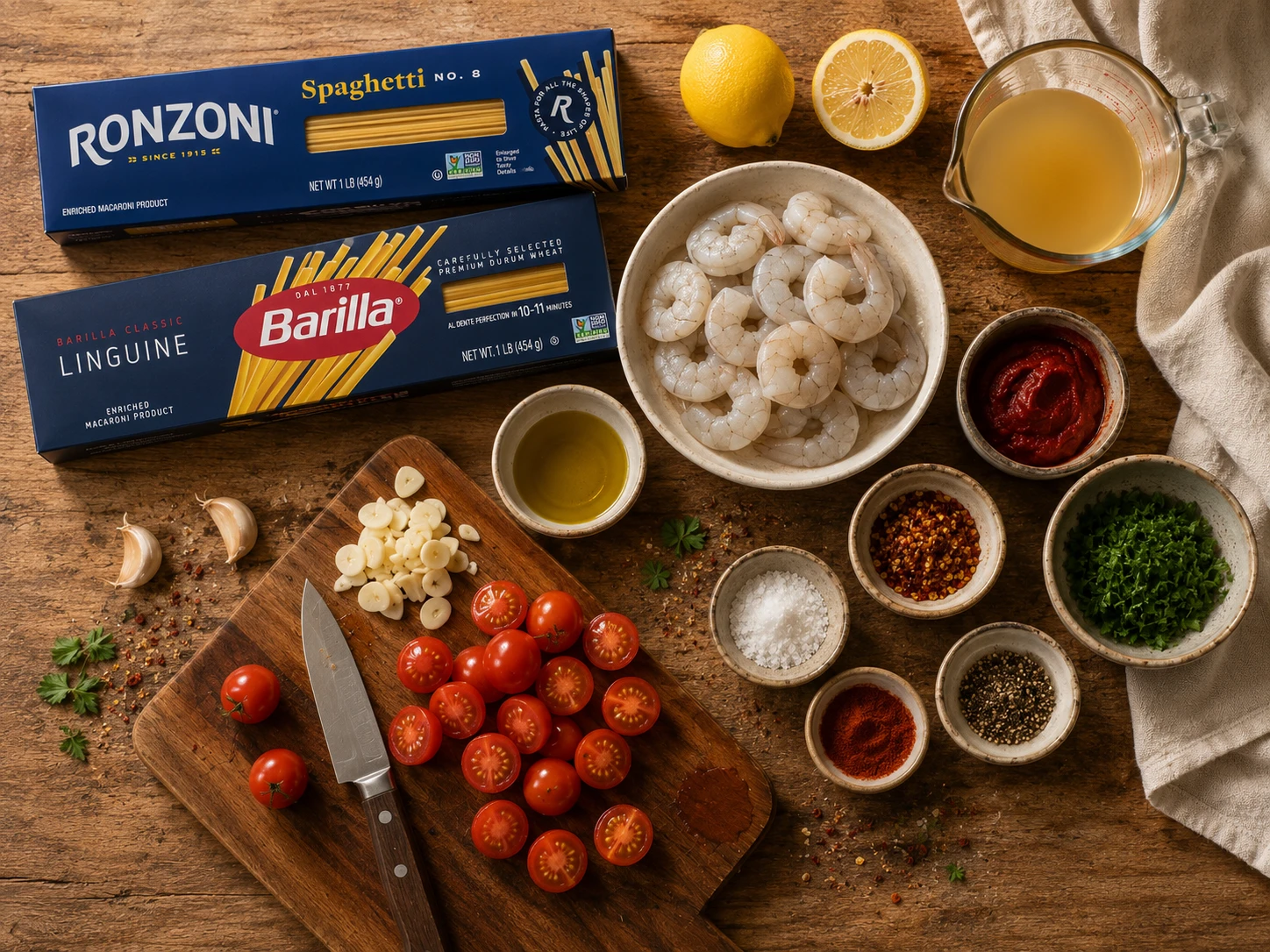 Spicy Garlic Shrimp Pasta preparation