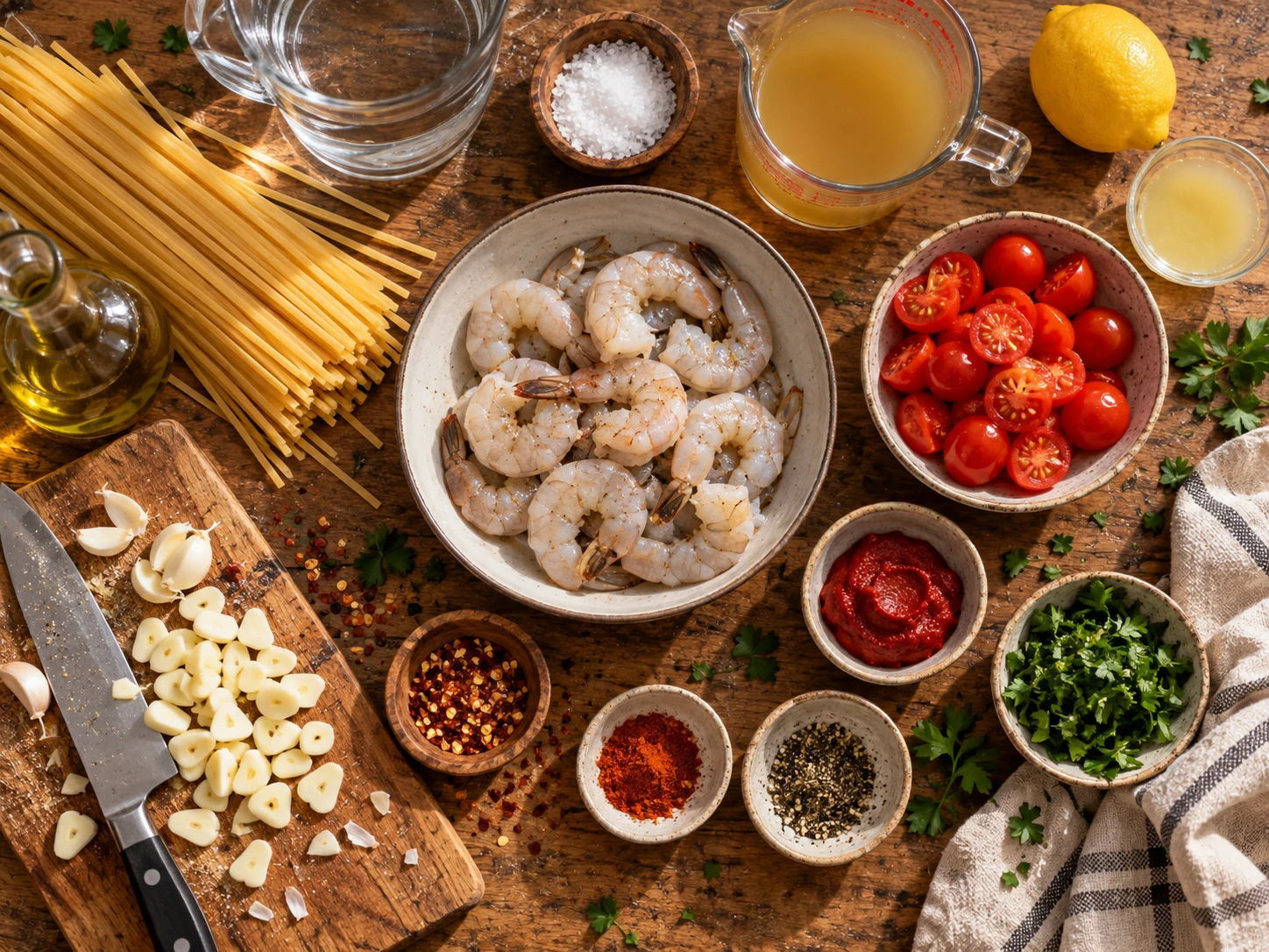 Spicy Garlic Shrimp Pasta preparation