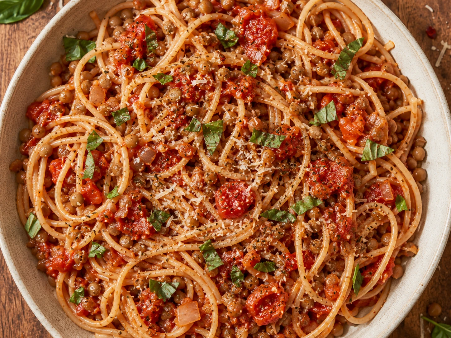 Spicy Tomato Lentil Pasta aerial view