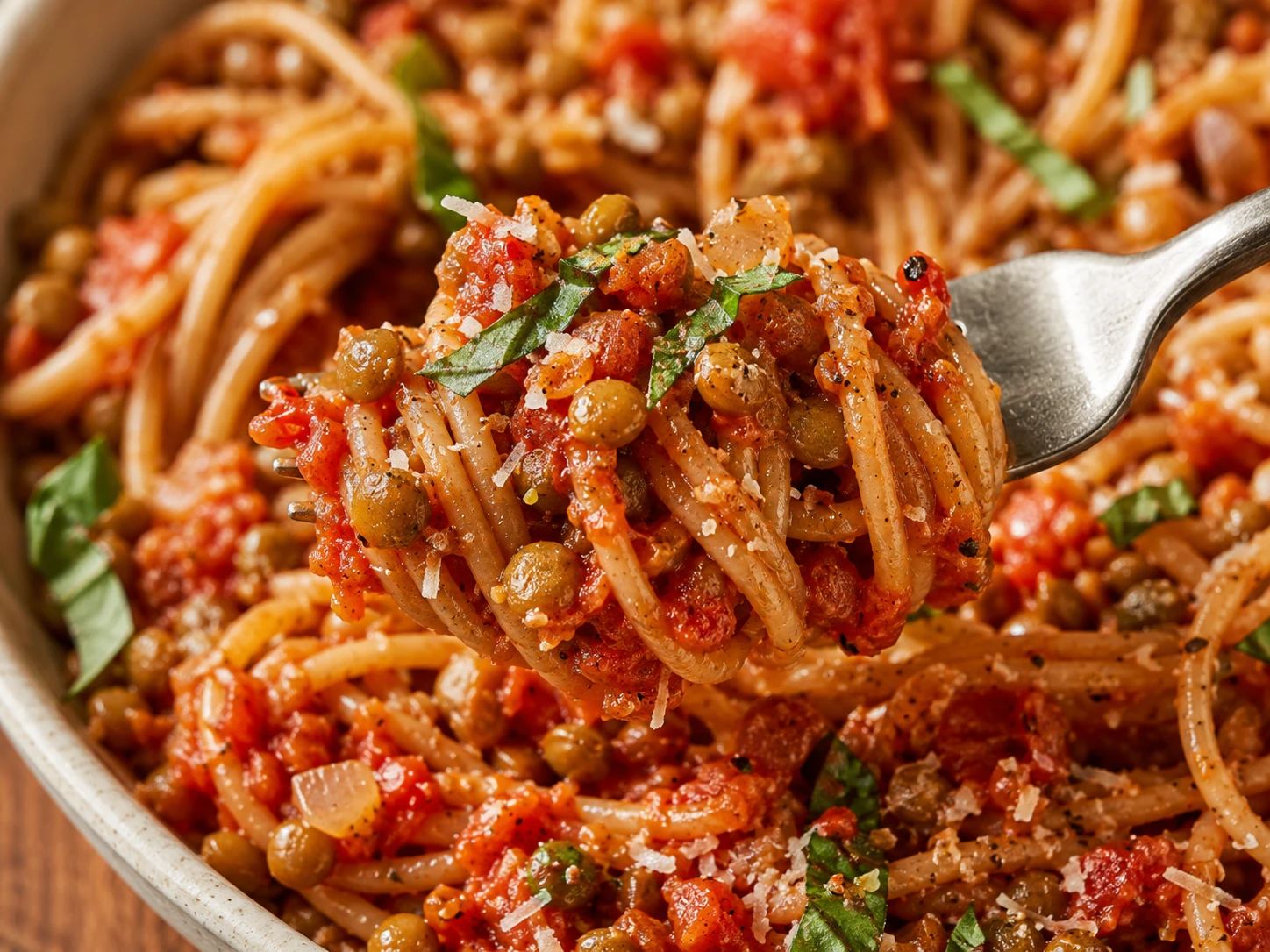 Spicy Tomato Lentil Pasta close up