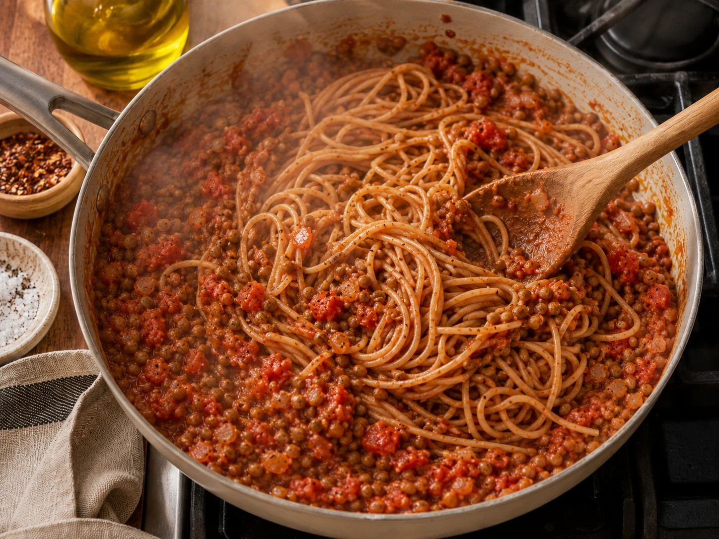Spicy Tomato Lentil Pasta preparation