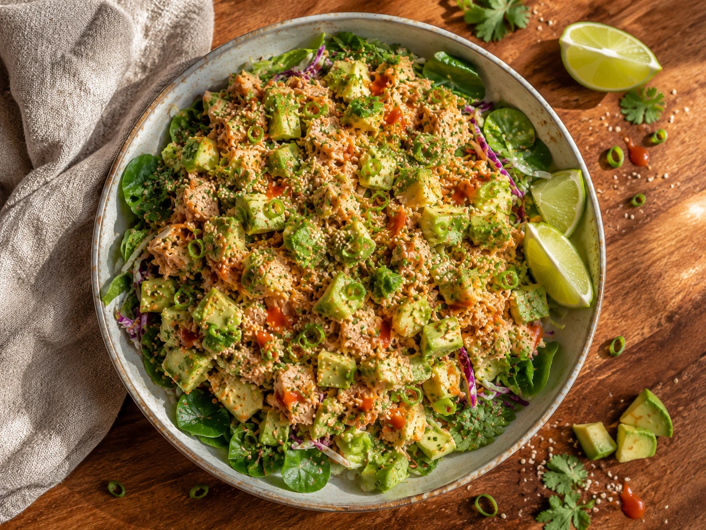 Spicy Tuna Avocado Salad aerial view
