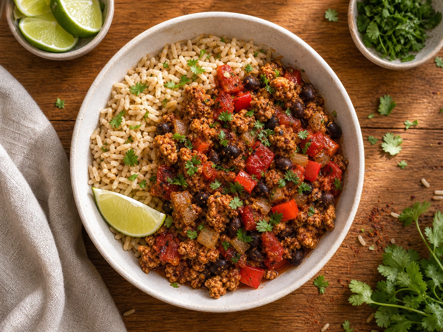 Spicy Turkey Black Bean Bowls aerial view