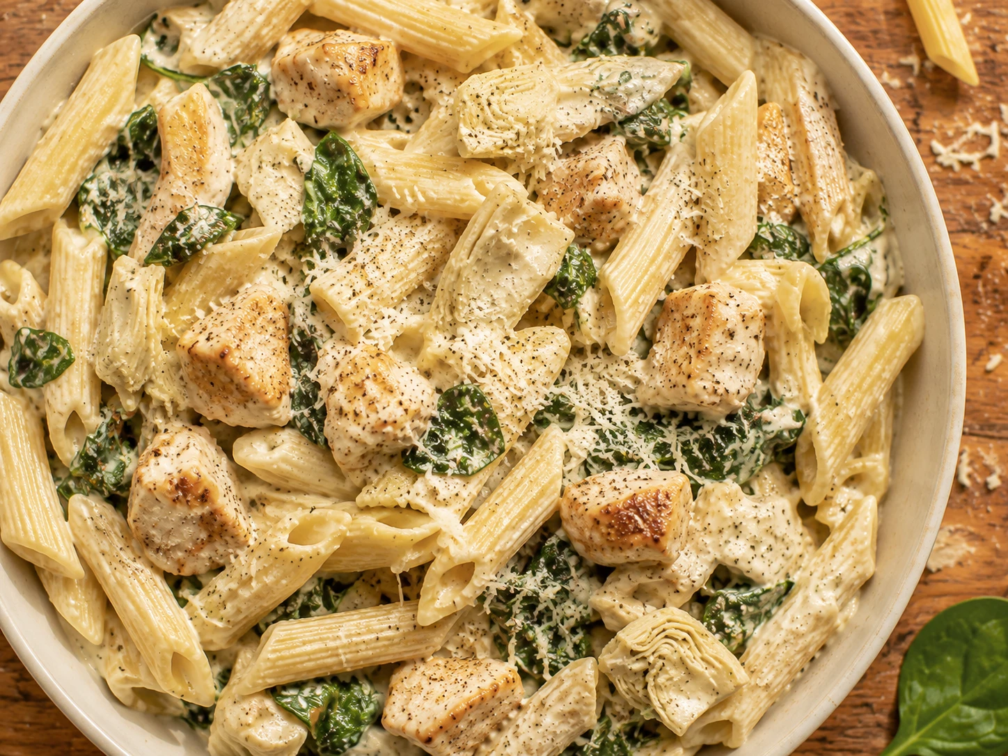 Spinach Artichoke Chicken Pasta aerial view
