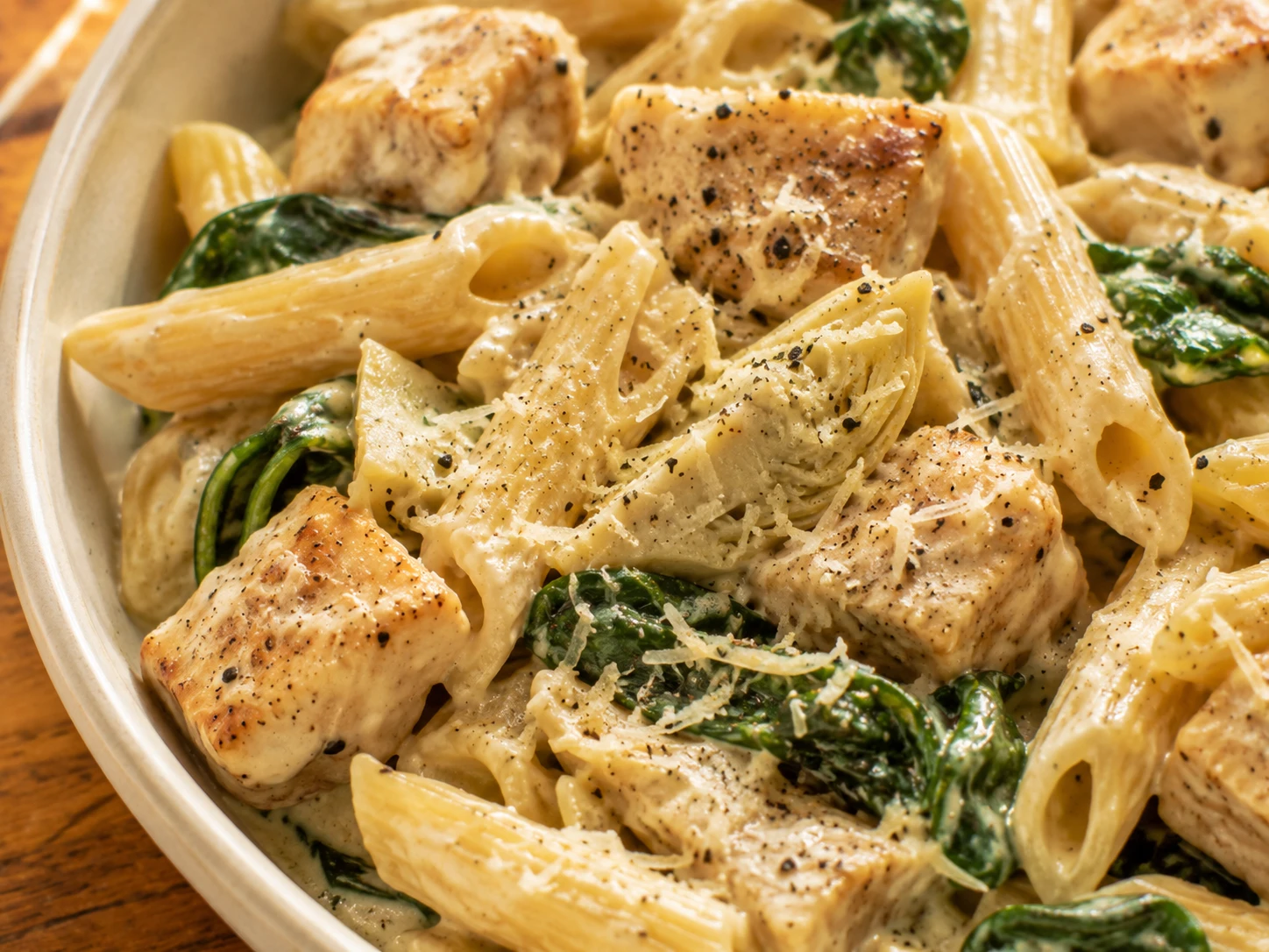 Spinach Artichoke Chicken Pasta close up