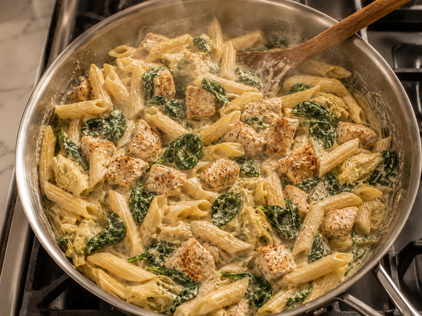 Spinach Artichoke Chicken Pasta preparation