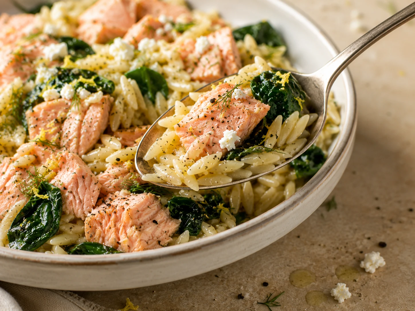 Spinach Feta Salmon Orzo close up