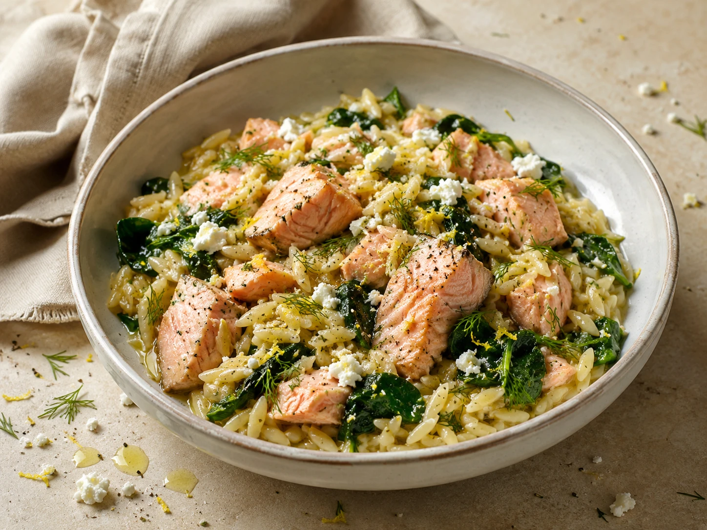 Spinach Feta Salmon Orzo