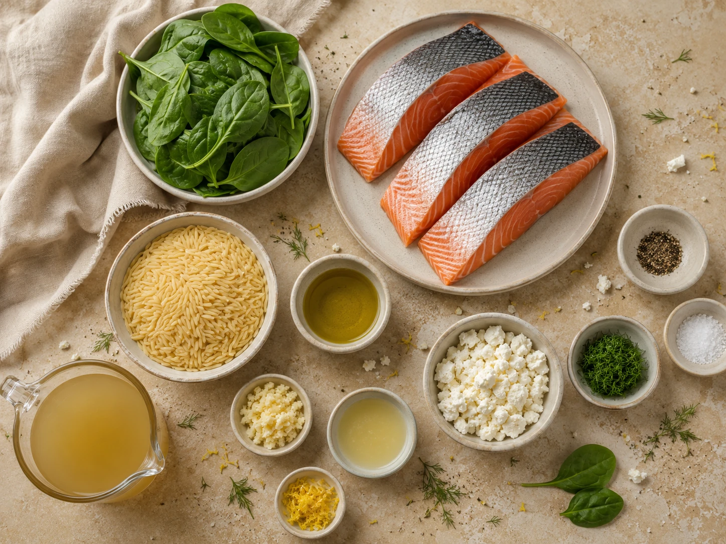 Spinach Feta Salmon Orzo preparation