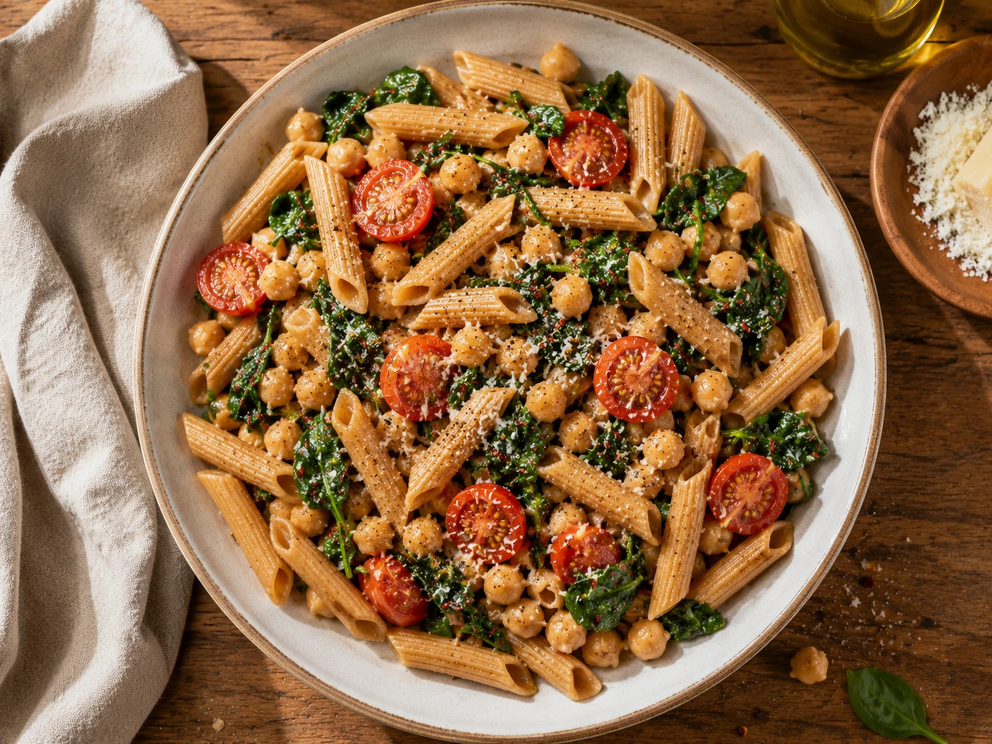 Spinach Tomato Chickpea Pasta aerial view