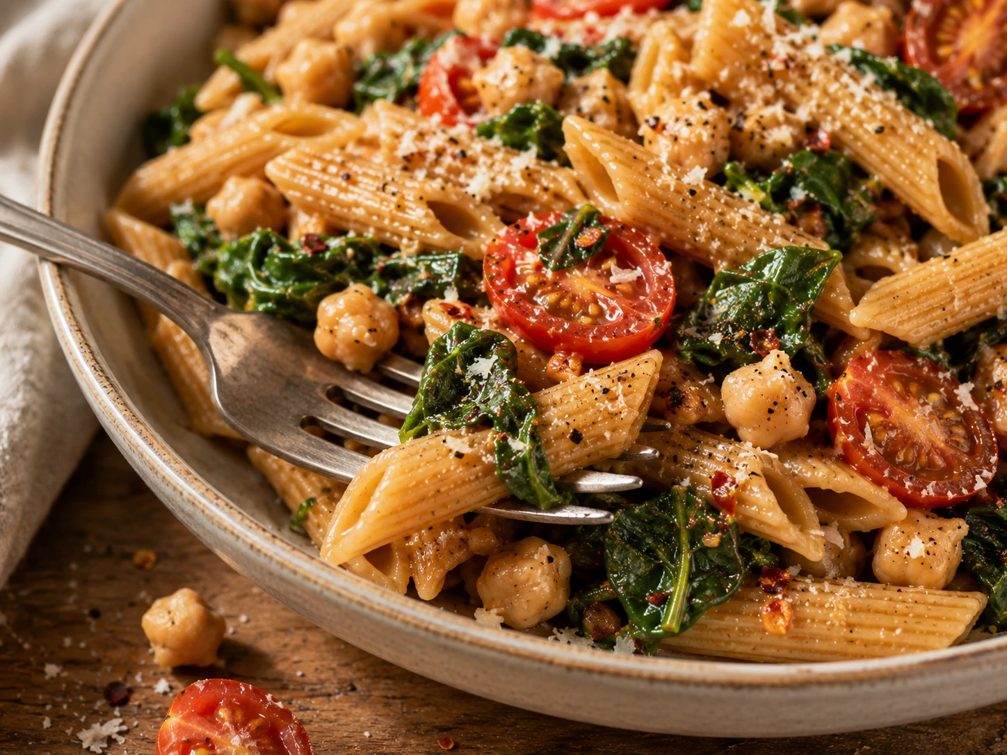 Spinach Tomato Chickpea Pasta close up