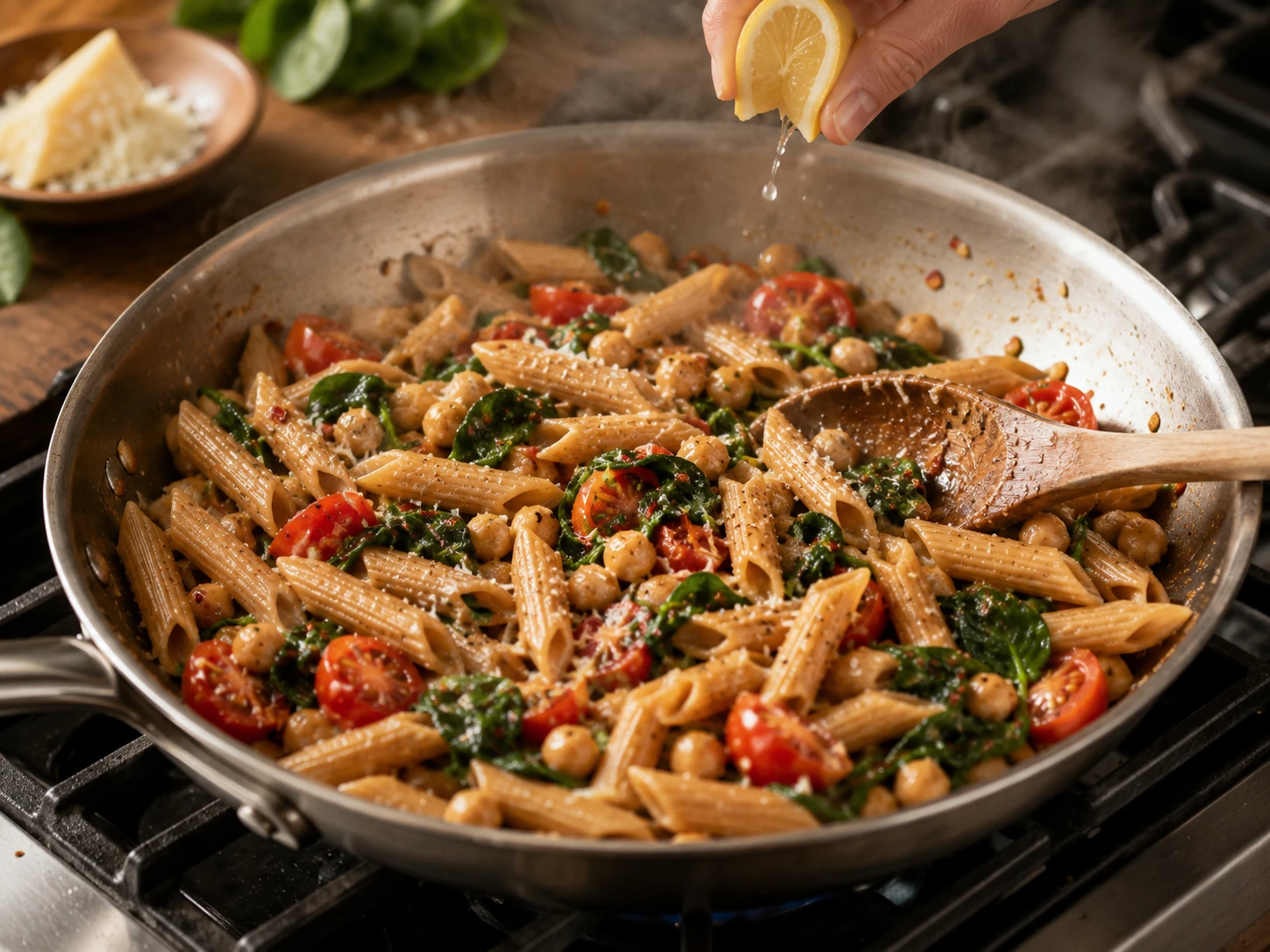Spinach Tomato Chickpea Pasta preparation