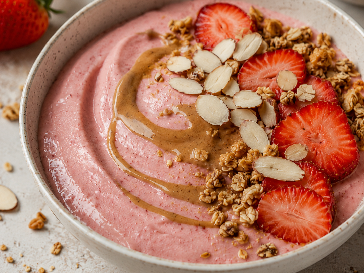 Strawberry Almond Butter Smoothie Bowl close up