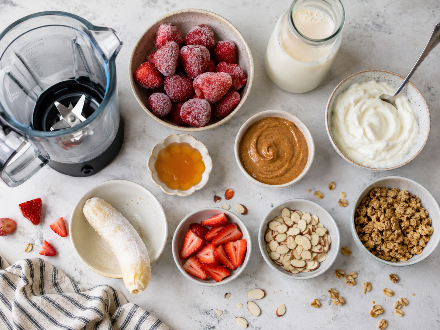 Strawberry Almond Butter Smoothie Bowl preparation