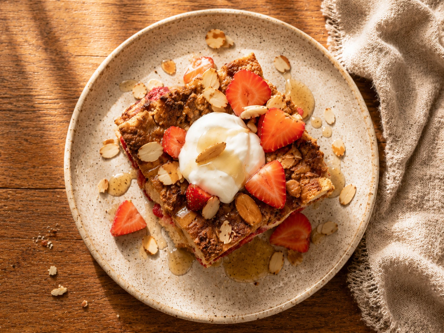 Strawberry Almond Protein French Toast Bake aerial view
