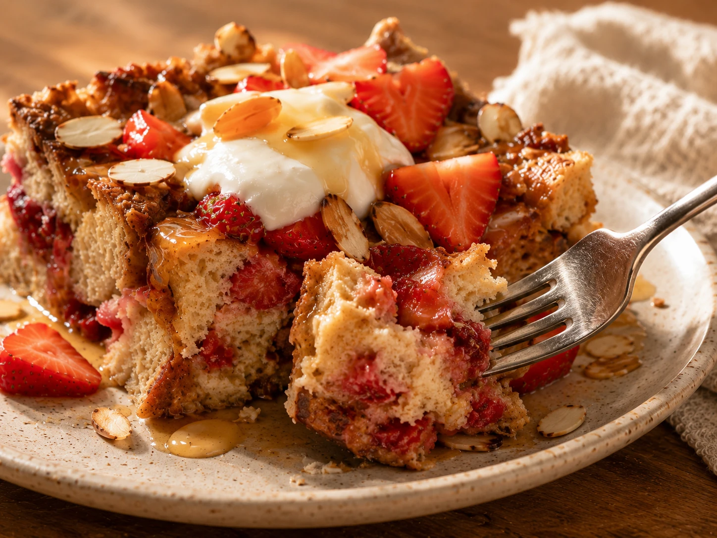 Strawberry Almond Protein French Toast Bake close up