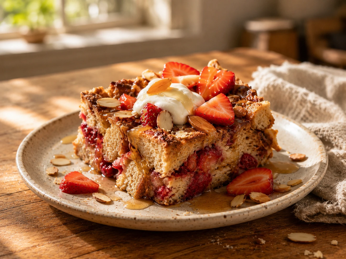 Strawberry Almond Protein French Toast Bake