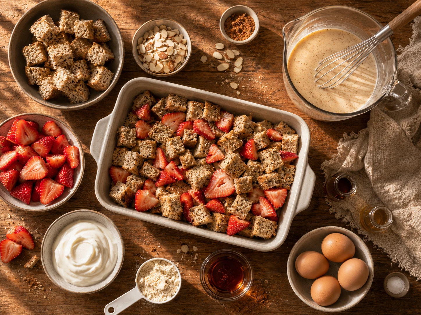 Strawberry Almond Protein French Toast Bake preparation