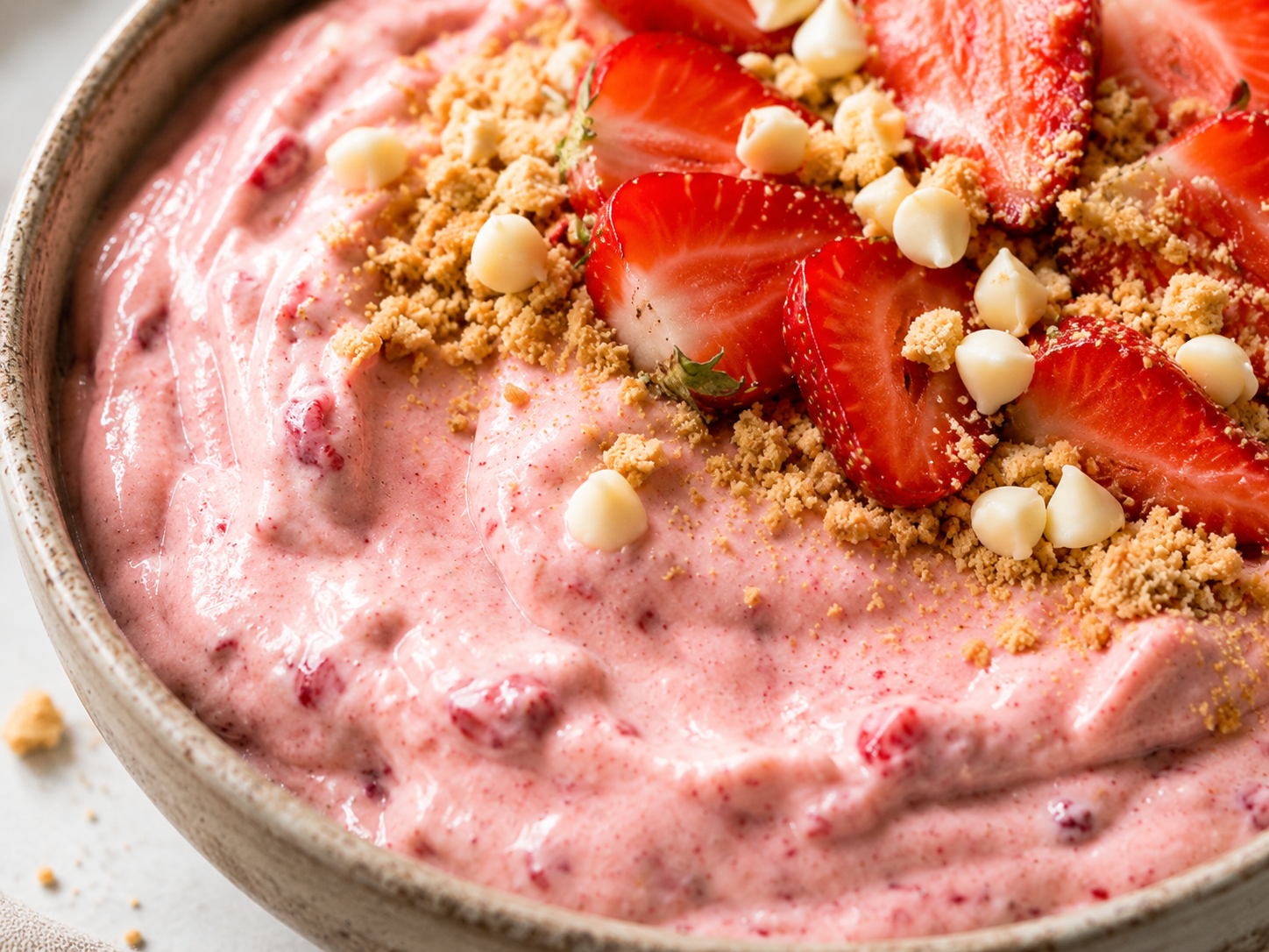 Strawberry Cheesecake Protein Smoothie Bowl close up