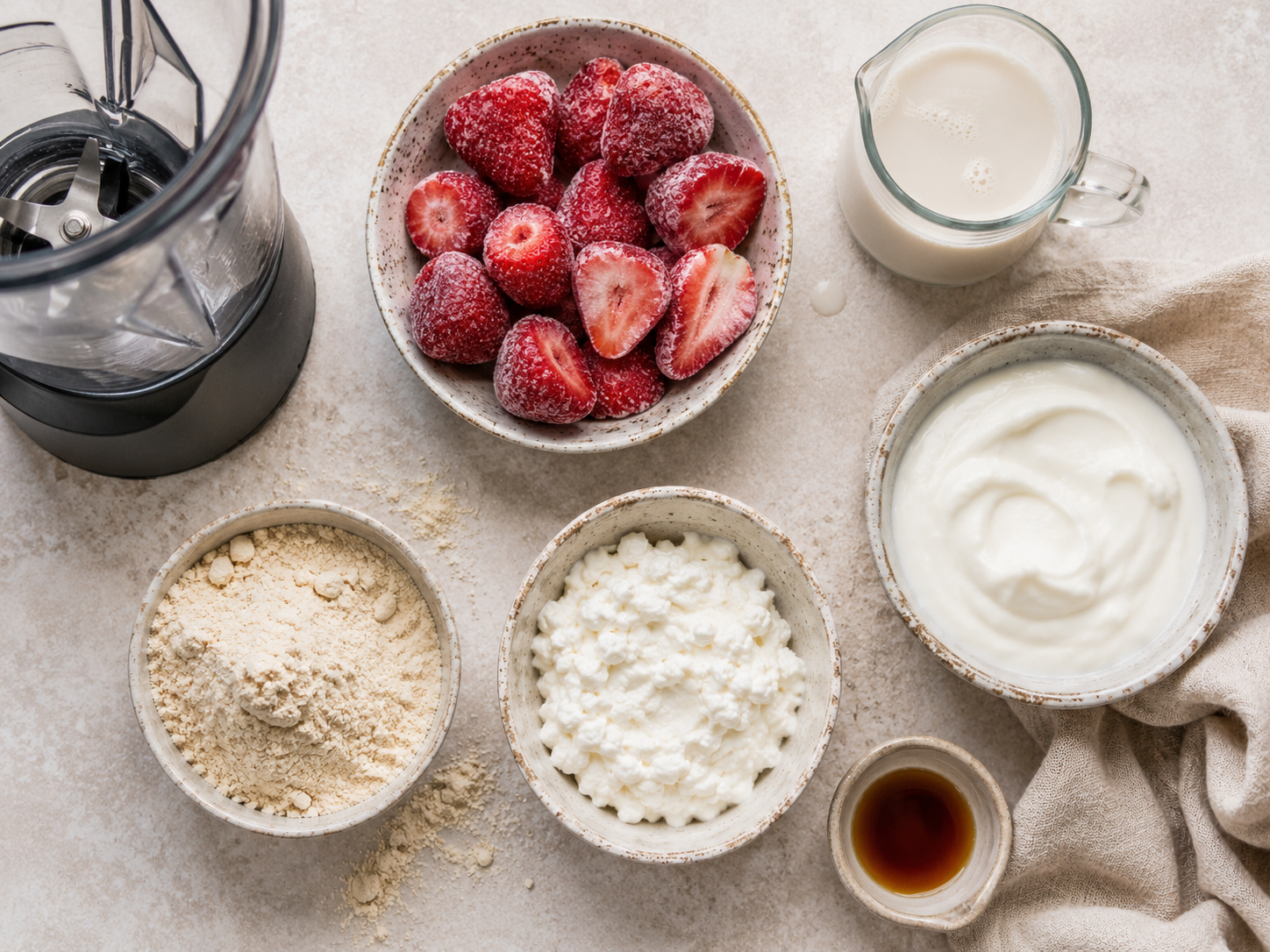 Strawberry Cheesecake Protein Smoothie Bowl preparation