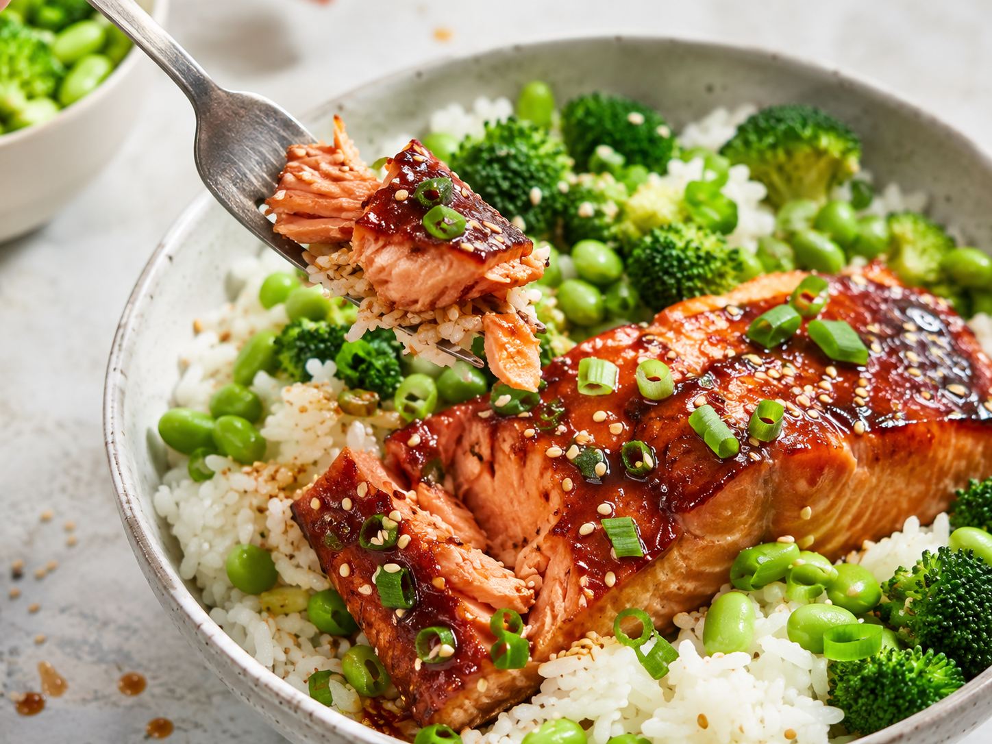 Teriyaki Salmon Rice Bowls close up