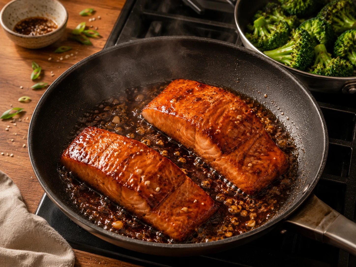 Teriyaki Salmon with Broccoli aerial view