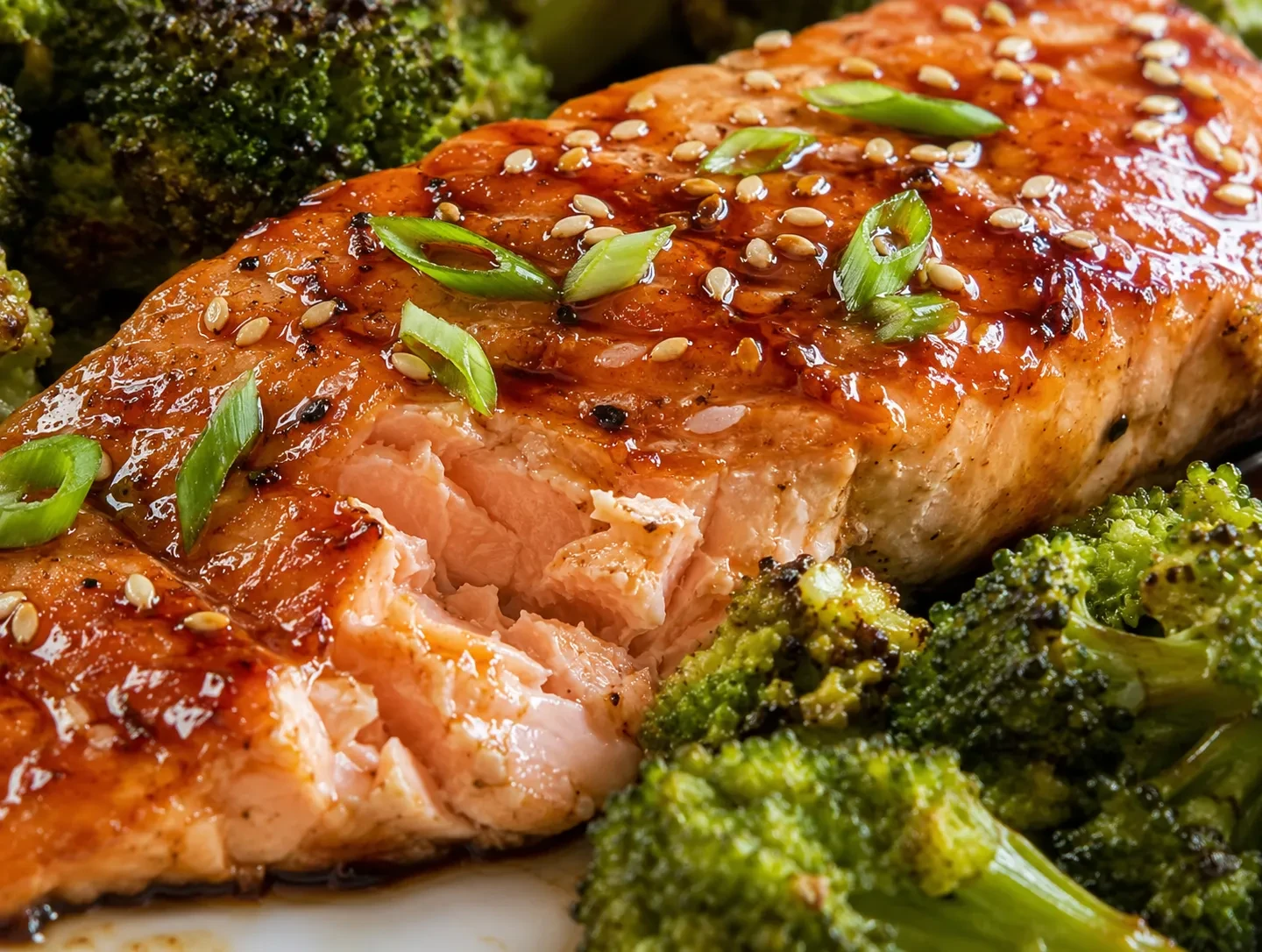 Teriyaki Salmon with Broccoli close up