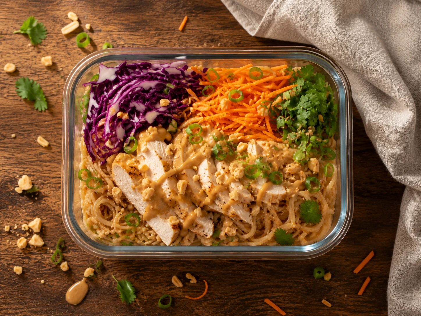 Thai Peanut Chicken Noodle Bowls aerial view