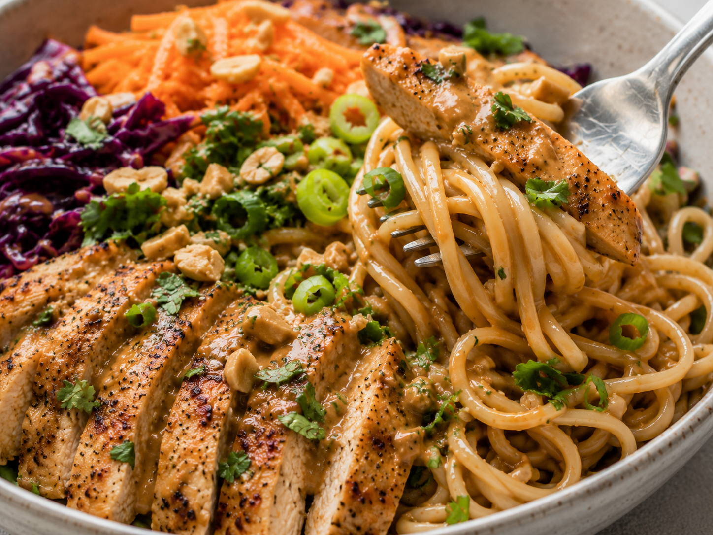 Thai Peanut Chicken Noodle Bowls close up