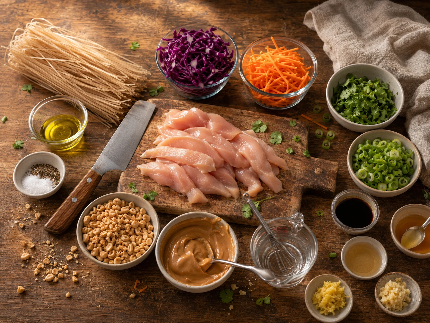 Thai Peanut Chicken Noodle Bowls preparation
