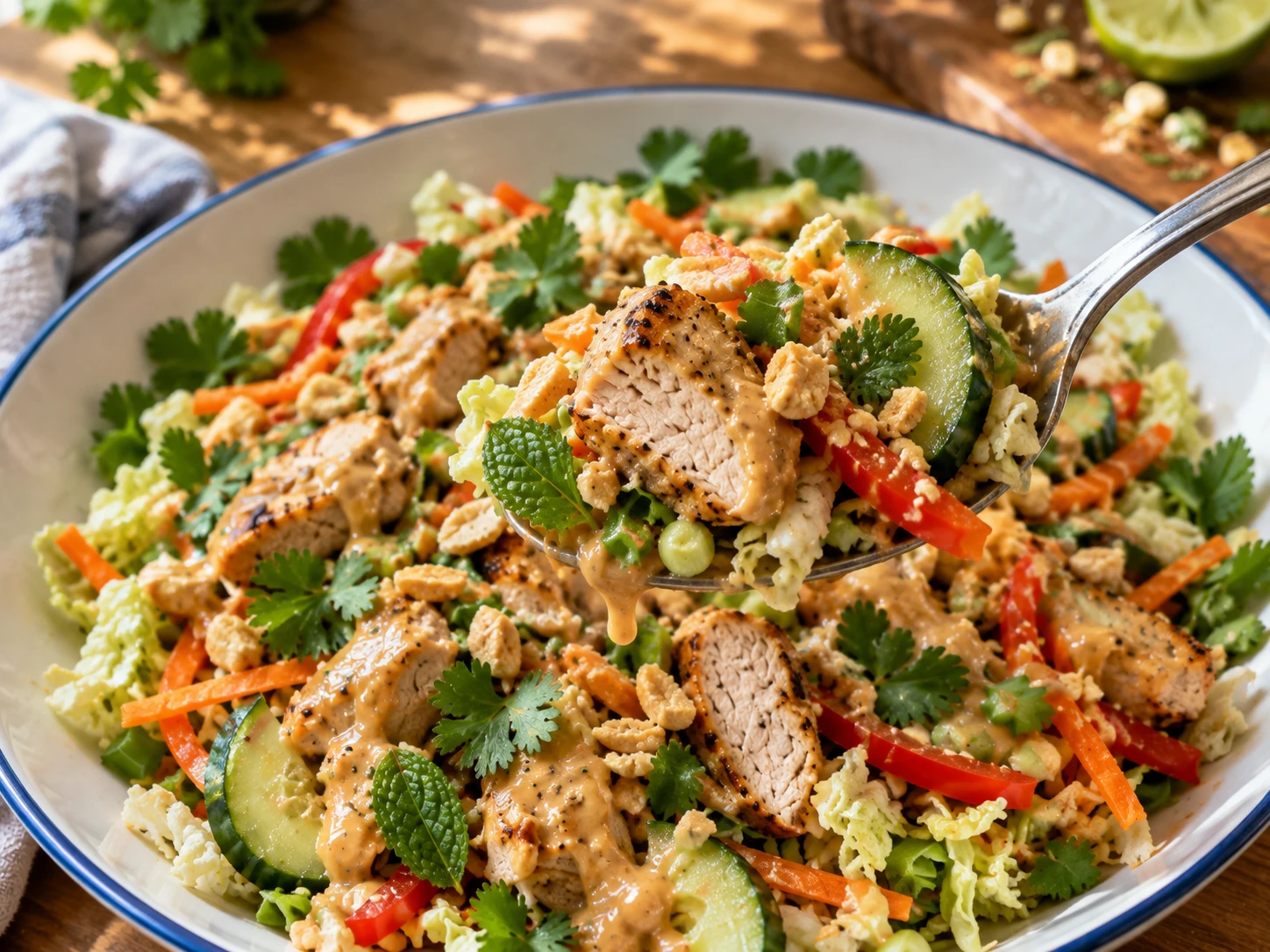 Thai Peanut Chicken Salad Bowl close up