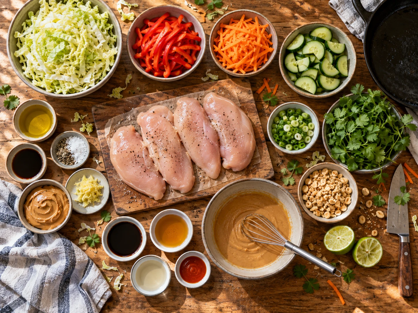 Thai Peanut Chicken Salad Bowl preparation
