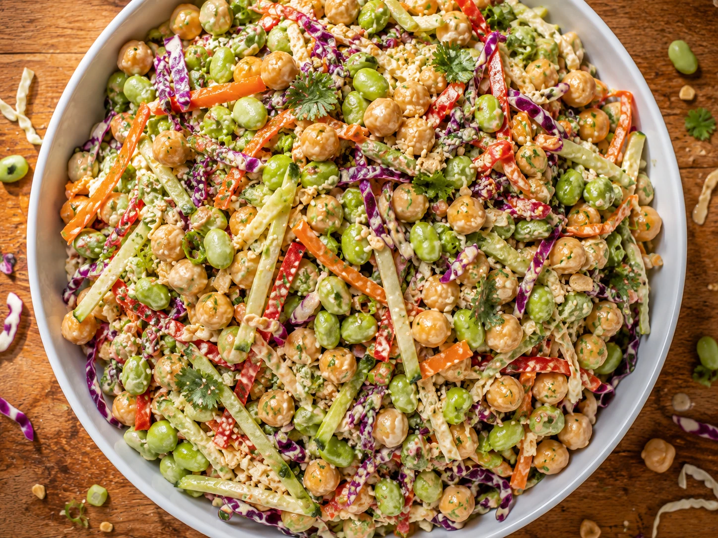 Thai Peanut Edamame Chickpea Crunch Salad aerial view