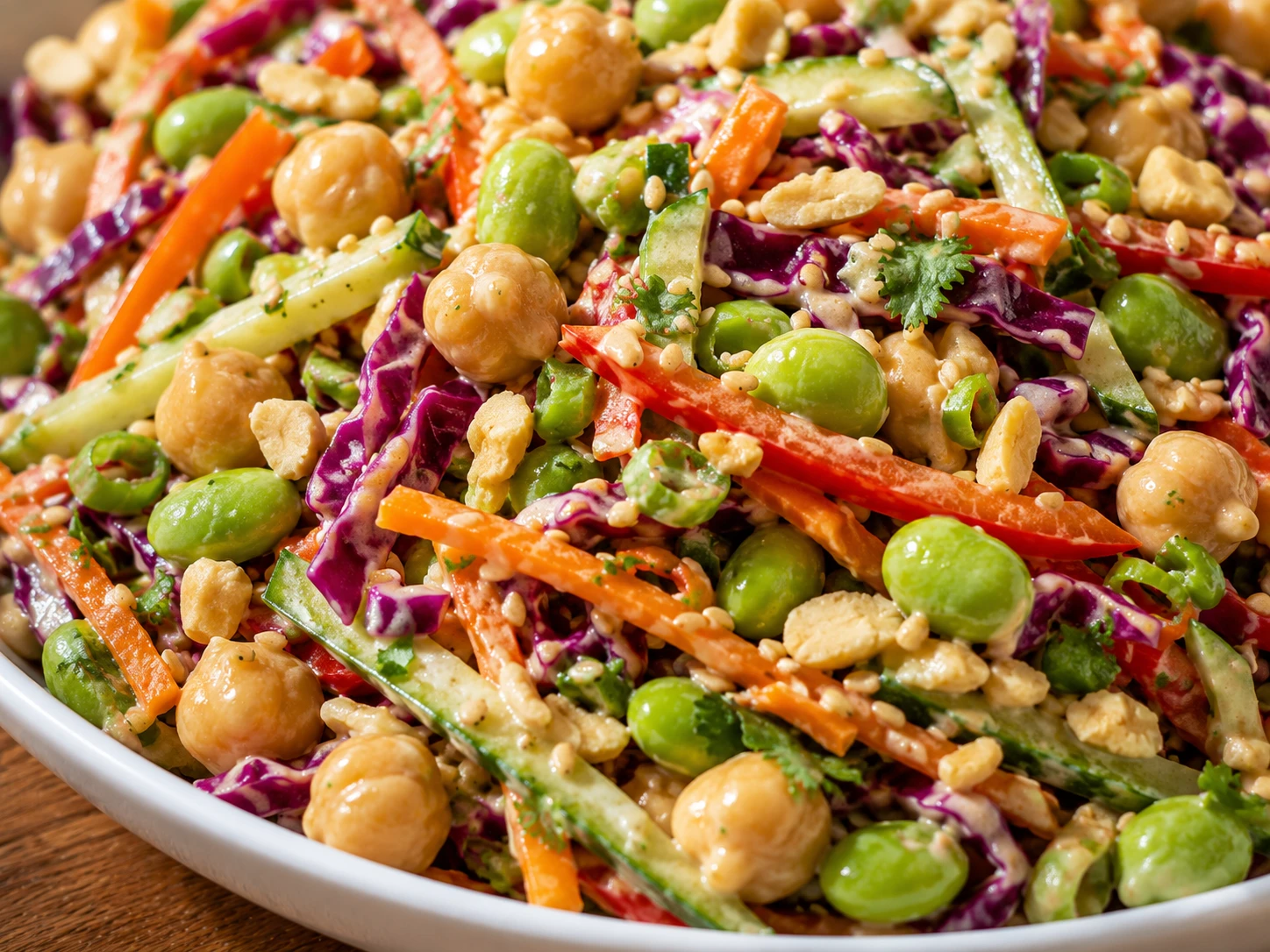Thai Peanut Edamame Chickpea Crunch Salad close up