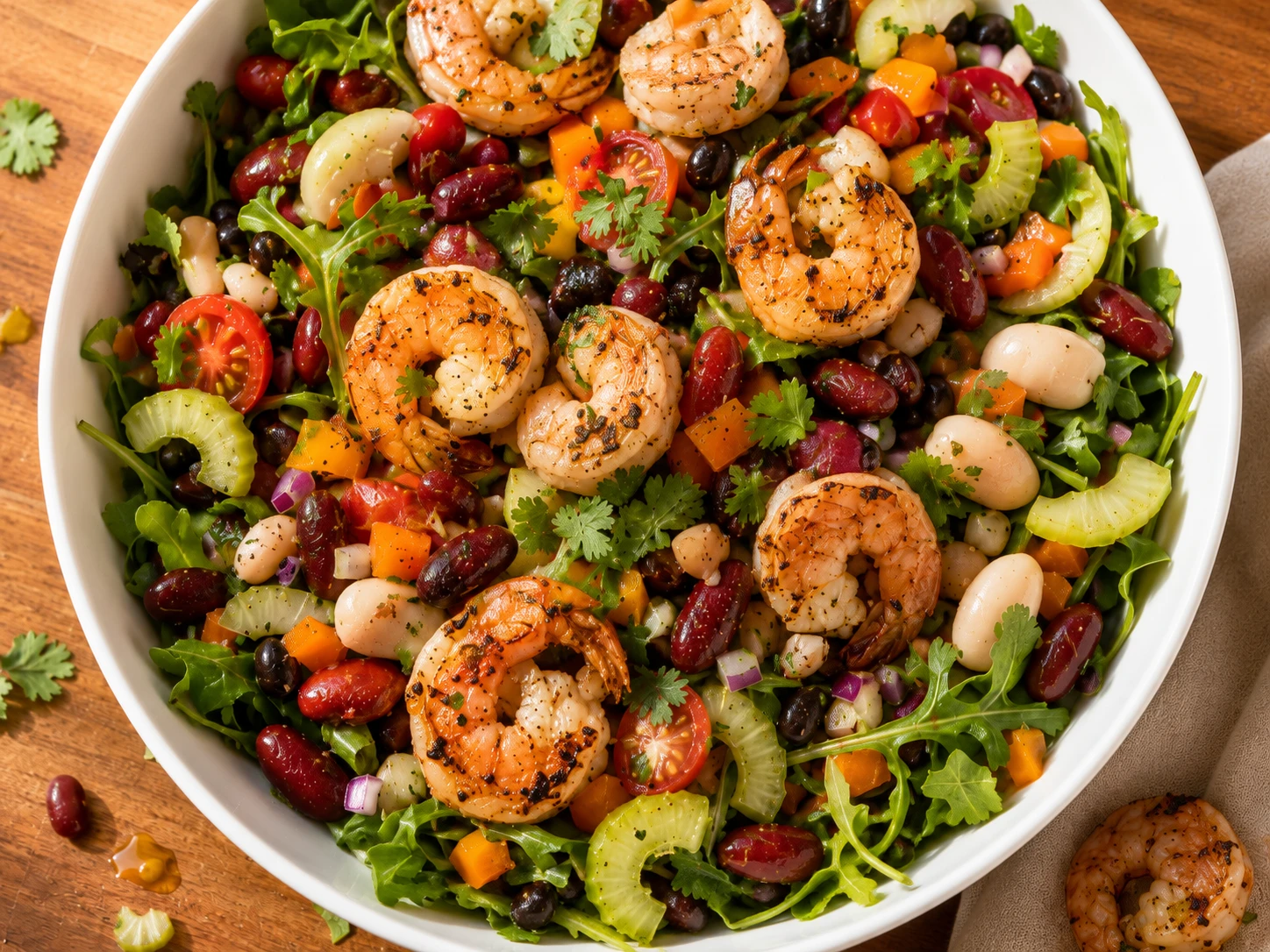 Three-Bean Salad with Grilled Shrimp aerial view